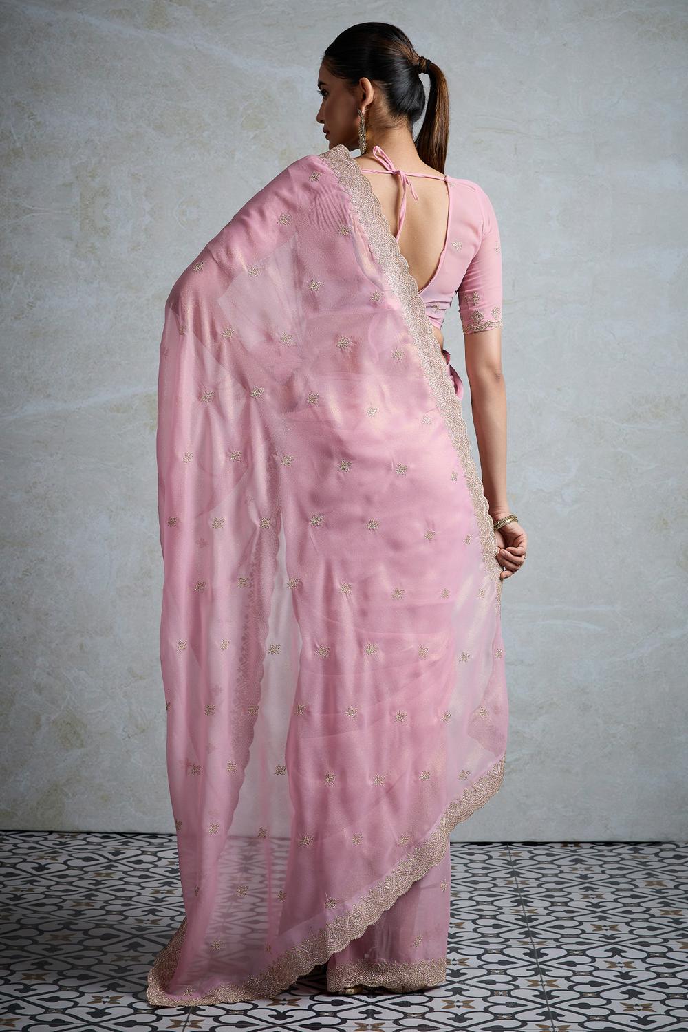 Taylor Pink Georgette Zari Embroidered Ready to Wear Saree