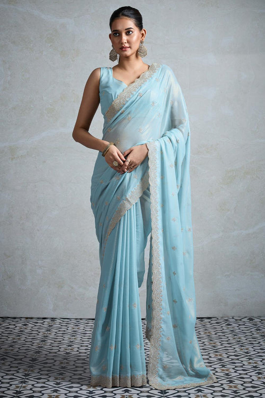 Taylor Light Blue Georgette Zari Embroidered Ready to Wear Saree