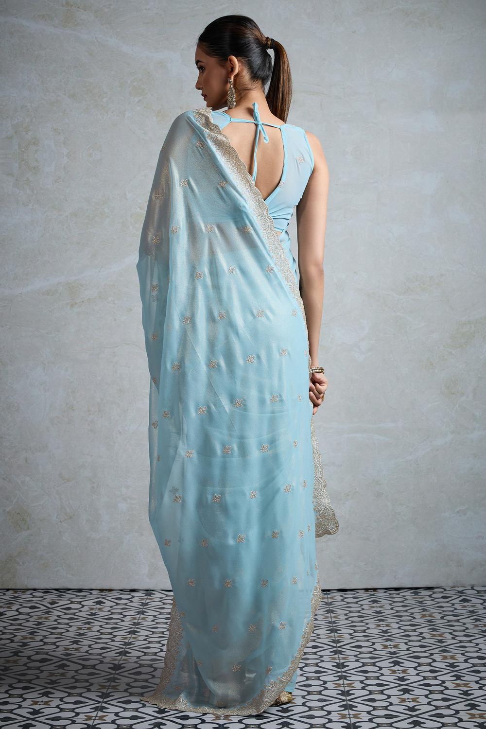 Taylor Light Blue Georgette Zari Embroidered Ready to Wear Saree