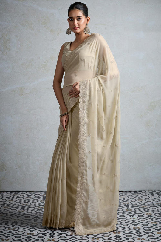 Taylor Beige Georgette Zari Embroidered Ready to Wear Saree