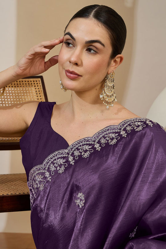 Milli Purple Tissue Zari Embroidered Ready to Wear Saree