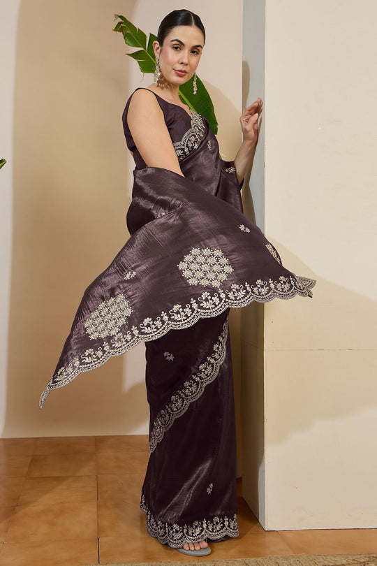 Milli Brown Tissue Zari Embroidered Ready to Wear Saree