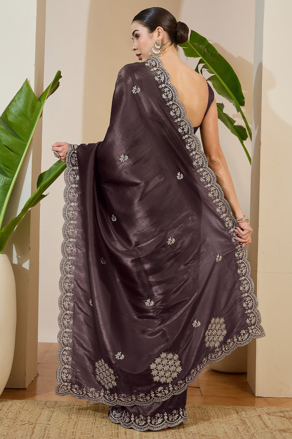 Milli Brown Tissue Zari Embroidered Ready to Wear Saree