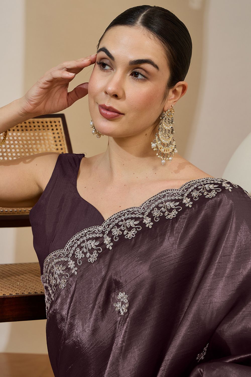 Milli Brown Tissue Zari Embroidered Ready to Wear Saree