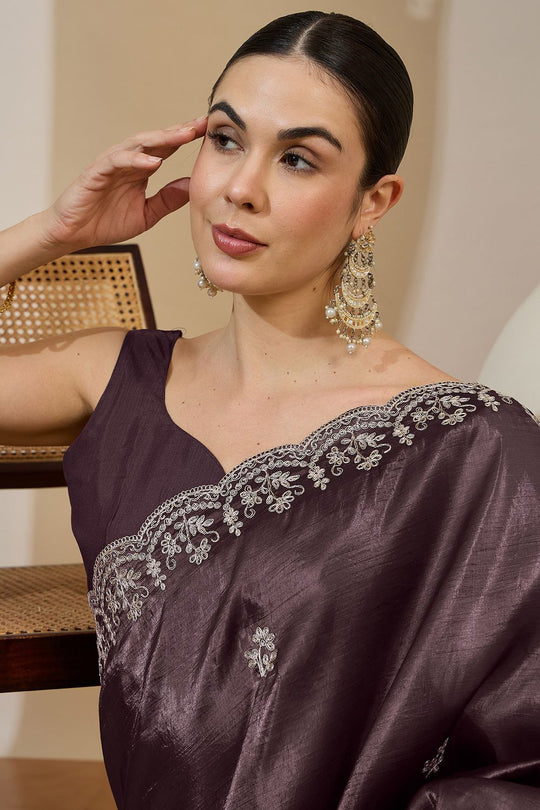 Milli Brown Tissue Zari Embroidered Ready to Wear Saree
