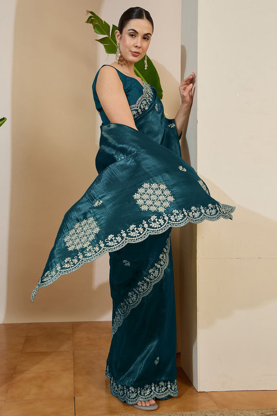 Milli Teal Blue Tissue Zari Embroidered Ready to Wear Saree