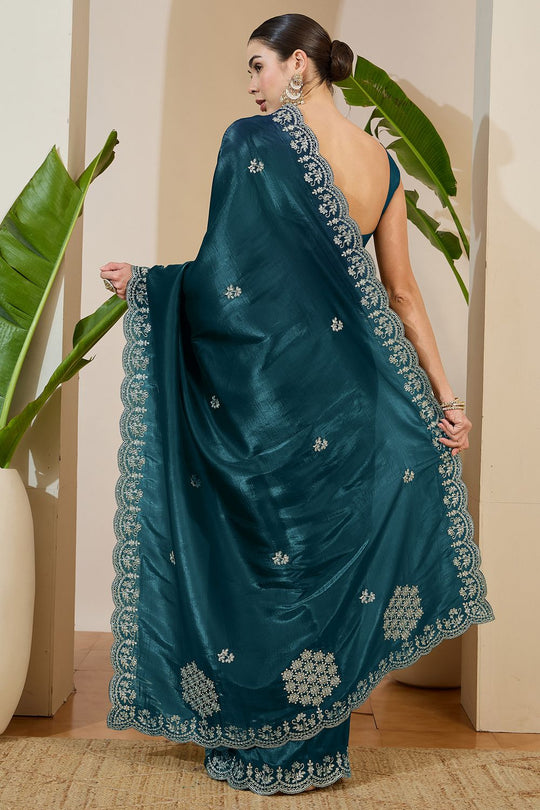 Milli Teal Blue Tissue Zari Embroidered Ready to Wear Saree