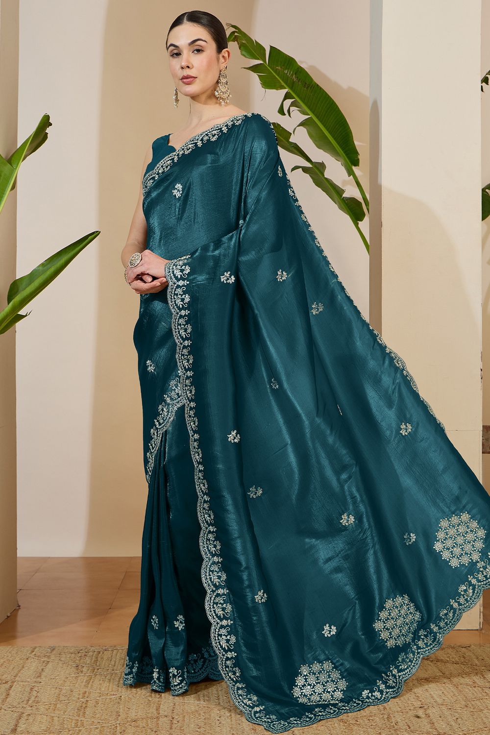 Milli Teal Blue Tissue Zari Embroidered Ready to Wear Saree
