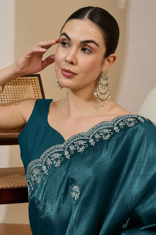 Milli Teal Blue Tissue Zari Embroidered Ready to Wear Saree