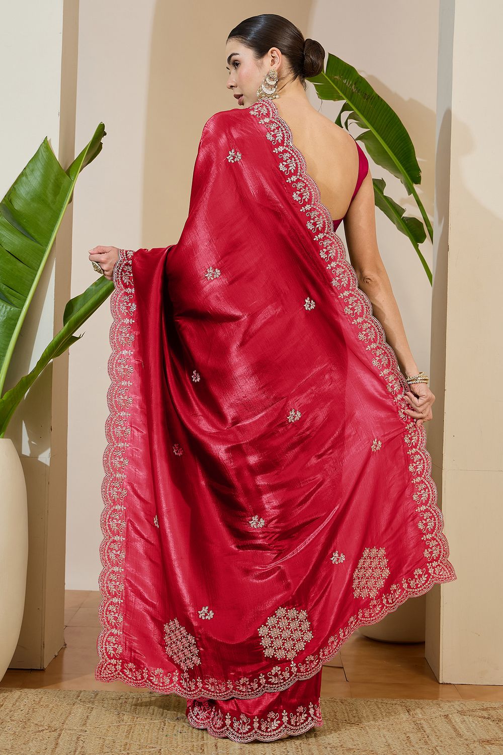 Milli Red Tissue Zari Embroidered Ready to Wear Saree