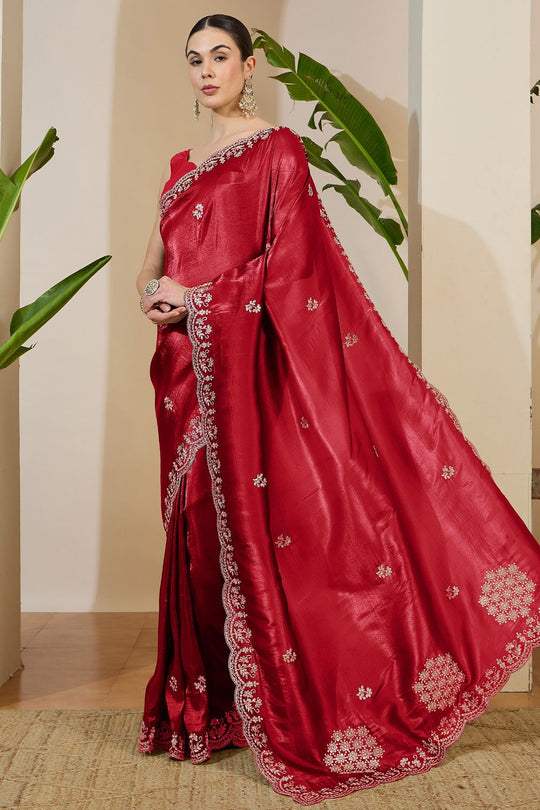 Milli Red Tissue Zari Embroidered Ready to Wear Saree