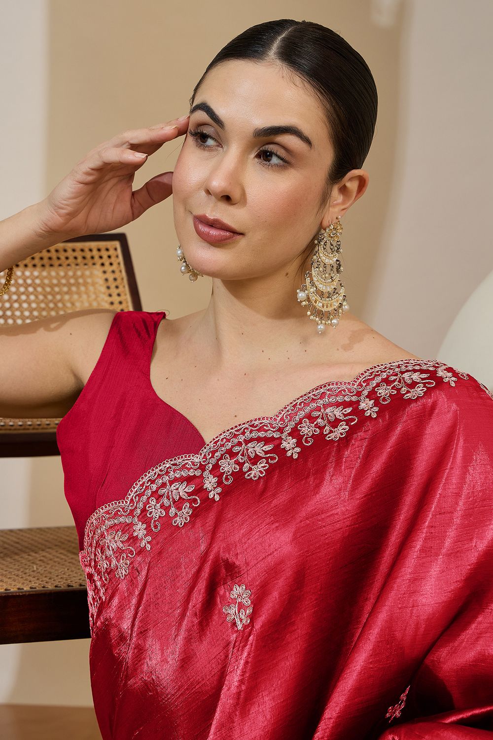 Milli Red Tissue Zari Embroidered Ready to Wear Saree