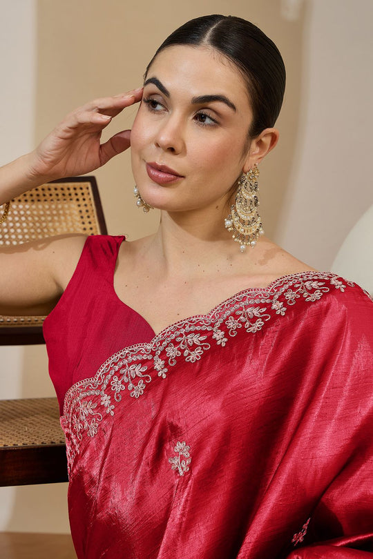 Milli Red Tissue Zari Embroidered Ready to Wear Saree