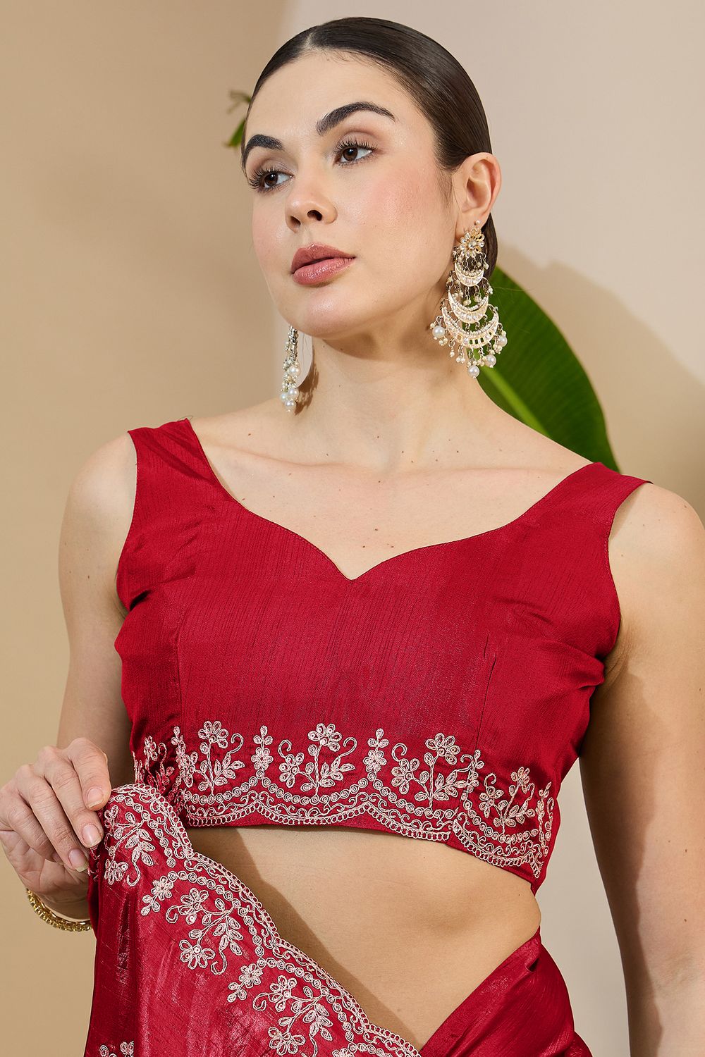 Milli Red Tissue Zari Embroidered Ready to Wear Saree