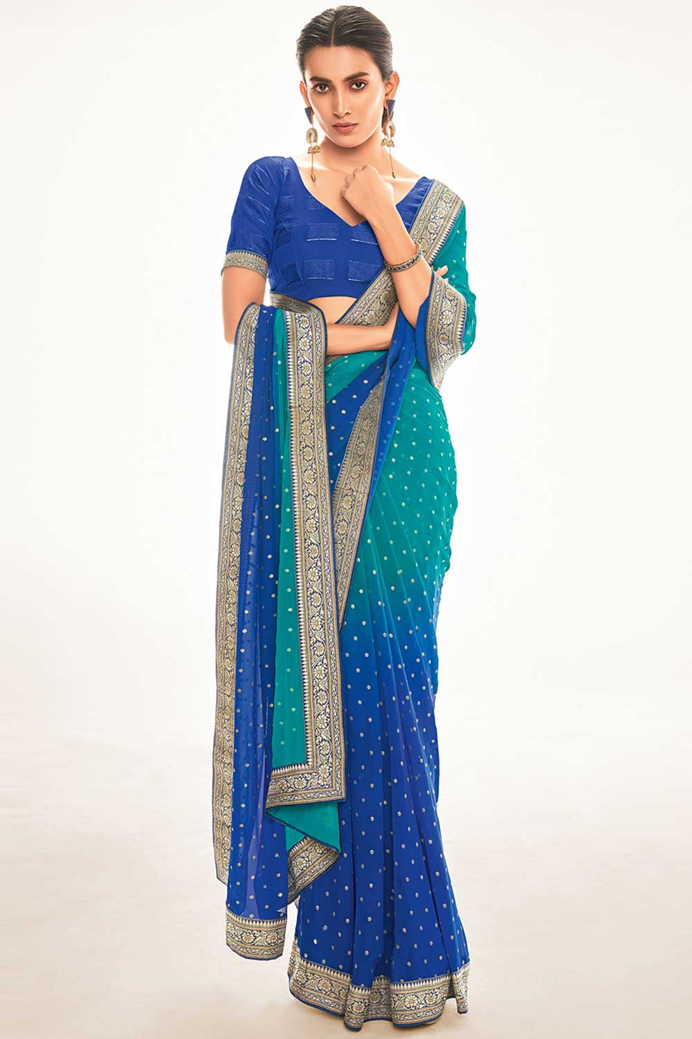 Celia Georgette Teal Blue Printed One Minute Saree