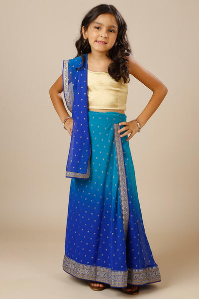 Celia Teal & Blue Georgette Wrap Around Saree Skirt with Dupatta for Kids & Tweens