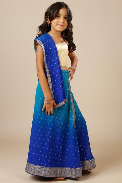 Celia Teal & Blue Georgette Wrap Around Saree Skirt with Dupatta for Kids & Tweens