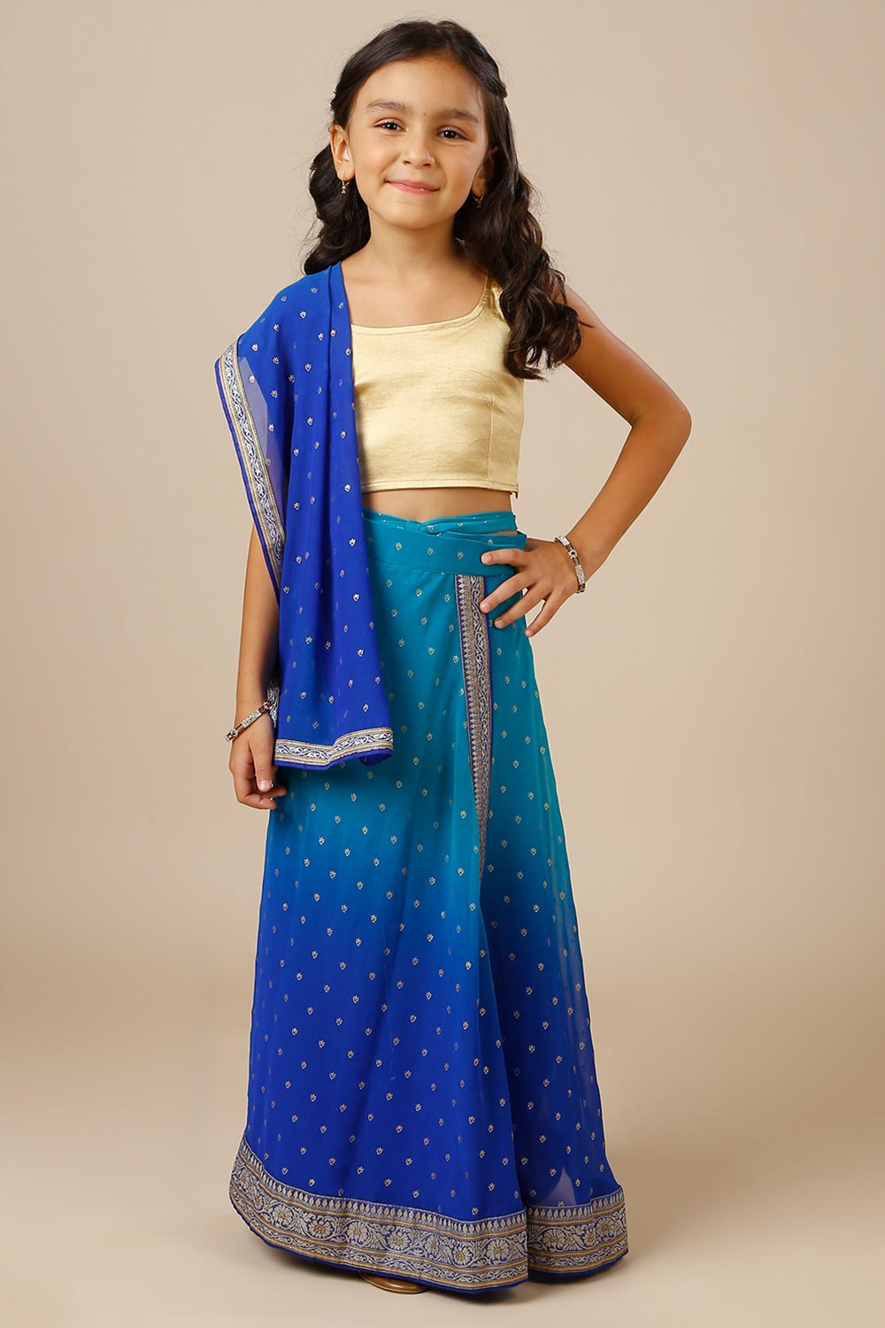 Celia Teal & Blue Georgette Wrap Around Saree Skirt with Dupatta for Kids & Tweens