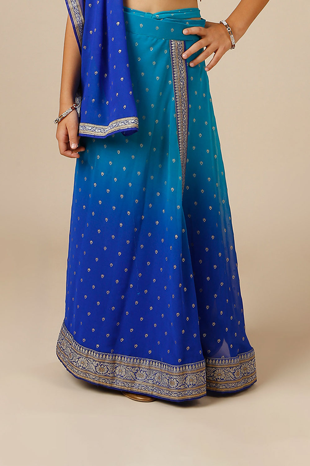 Celia Teal & Blue Georgette Wrap Around Saree Skirt with Dupatta for Kids & Tweens