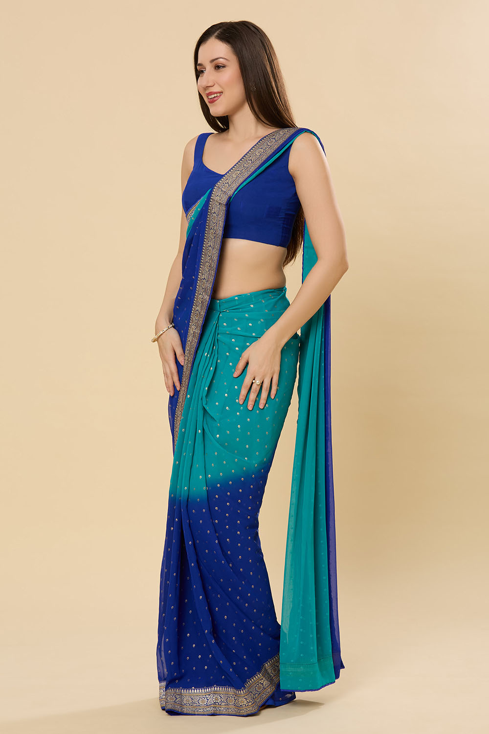 Celia Teal and Blue Printed Georgette Ready to Wear Saree