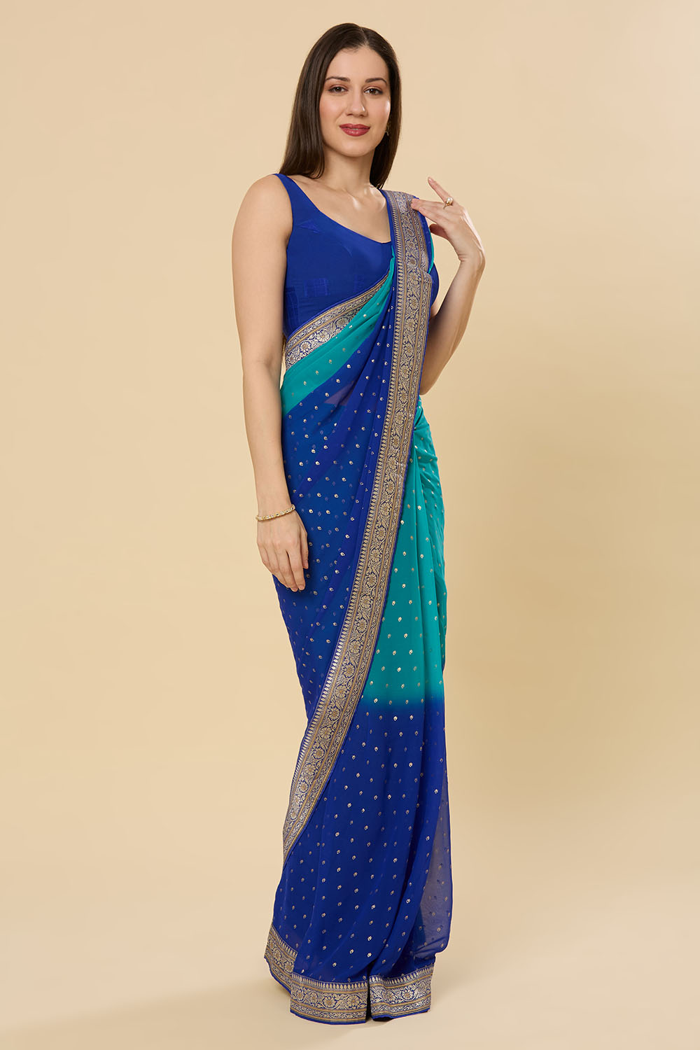 Celia Teal and Blue Printed Georgette Ready to Wear Saree