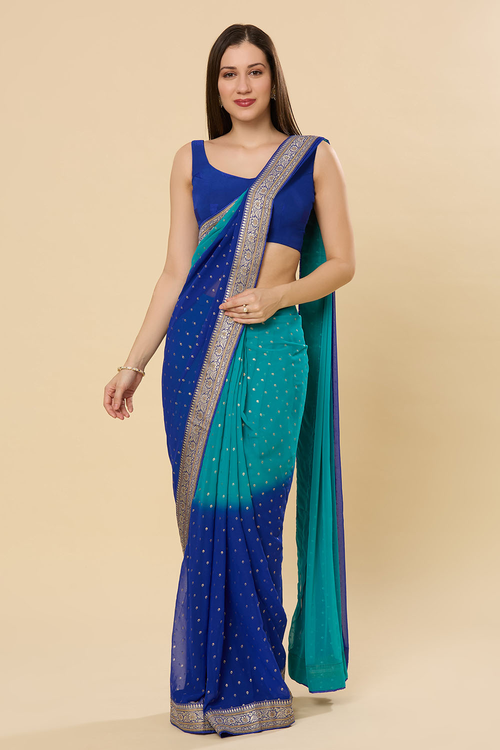 Celia Teal and Blue Printed Georgette Ready to Wear Saree