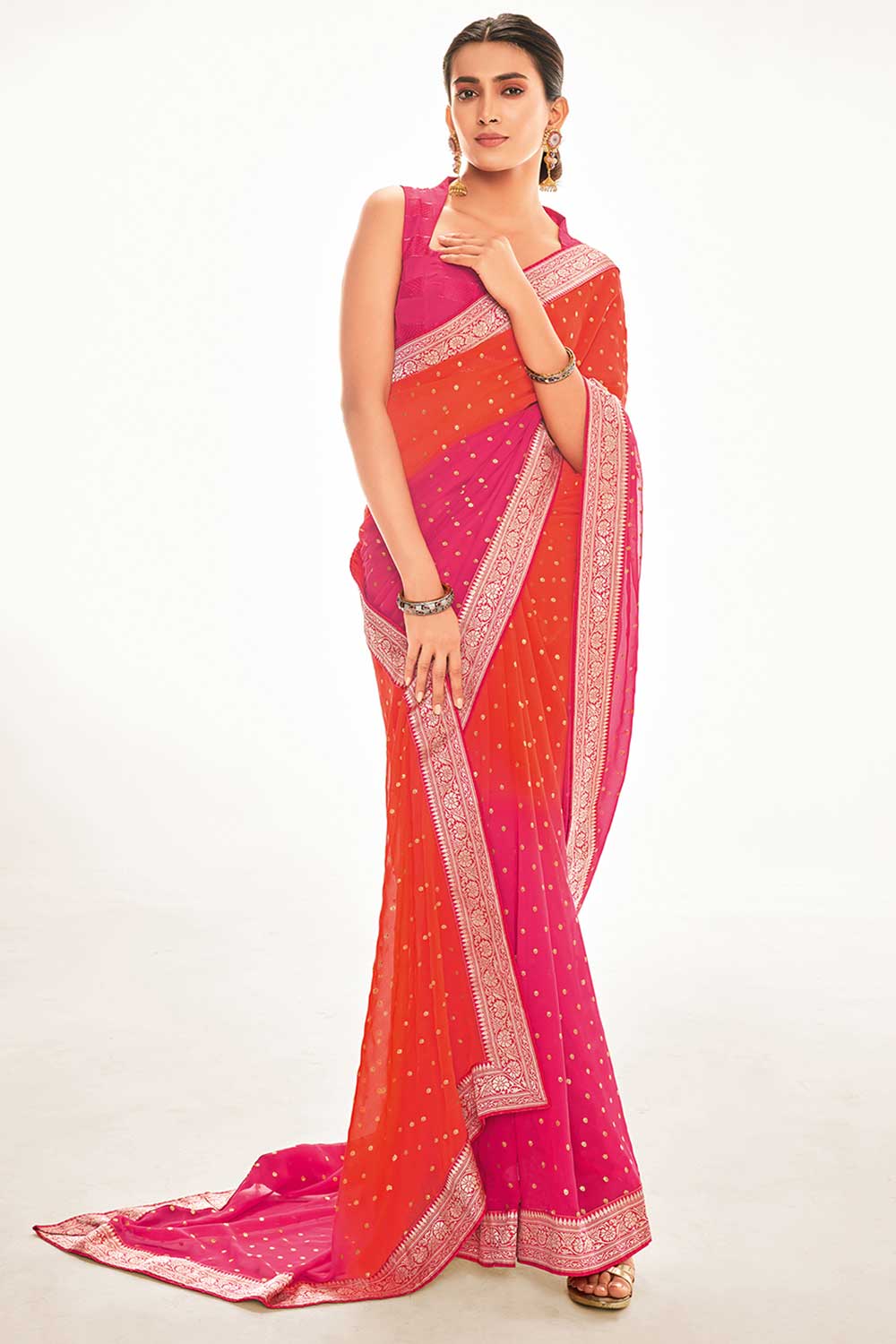 Celia Orange & Pink Printed Georgette Ready to Wear Saree