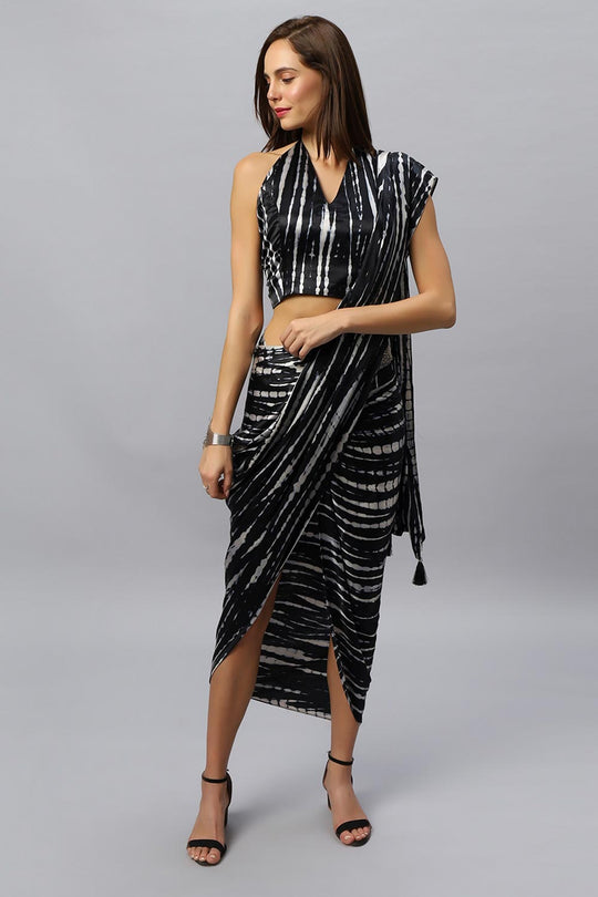 Rihana Black & White Modal Satin Tie Dye Sarong Saree