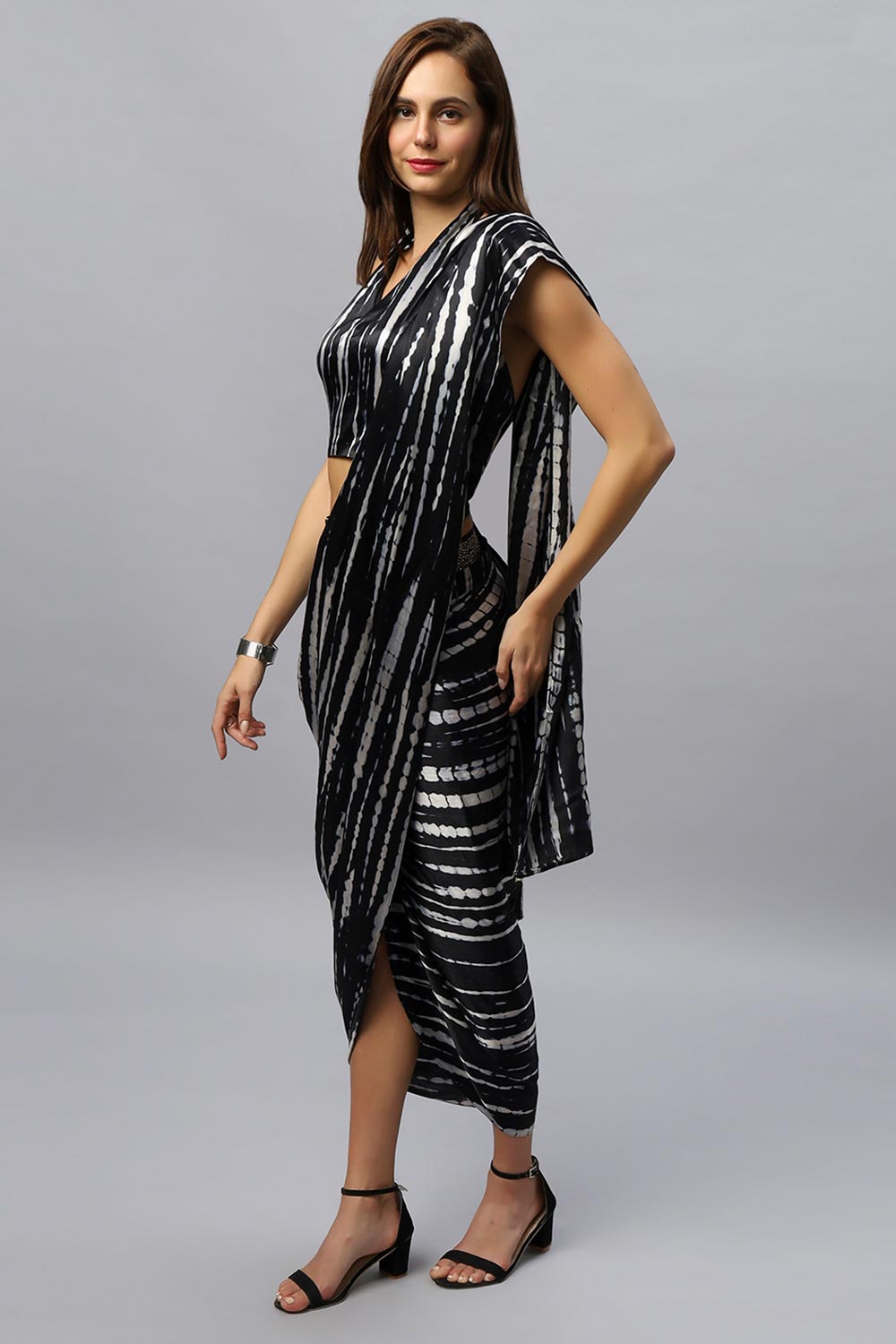 Rihana Black & White Modal Satin Tie Dye Sarong Saree