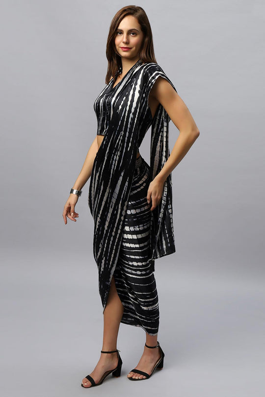 Rihana Black & White Modal Satin Tie Dye Sarong Saree