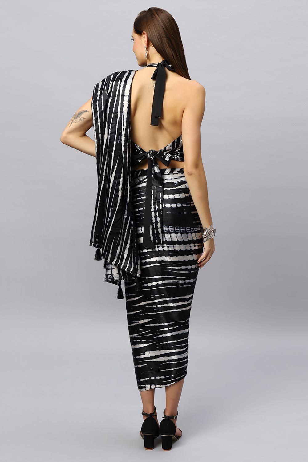 Rihana Black & White Modal Satin Tie Dye Sarong Saree