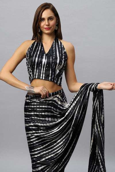 Rihana Black & White Modal Satin Tie Dye Sarong Saree
