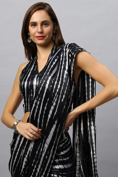 Rihana Black & White Modal Satin Tie Dye Sarong Saree