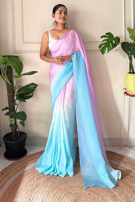 Raina Pink & Turquoise Chiffon Solid Ombre Ready to Wear One Minute Saree