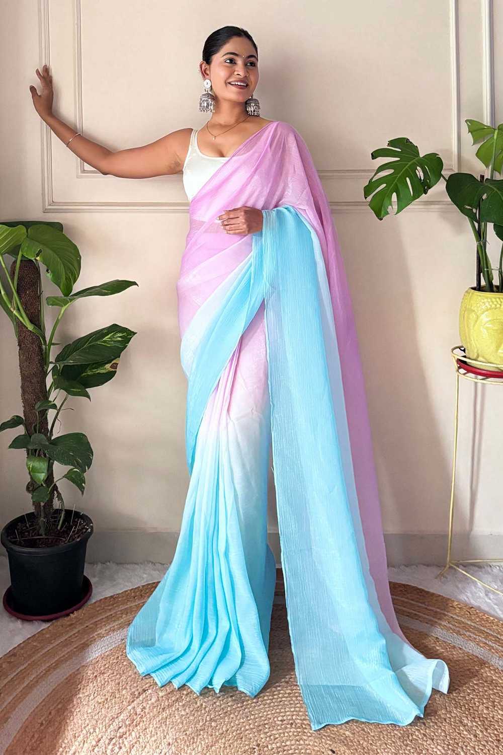Pink & Blue Chiffon Solid Ombre One Minute Saree - Ready to Wear