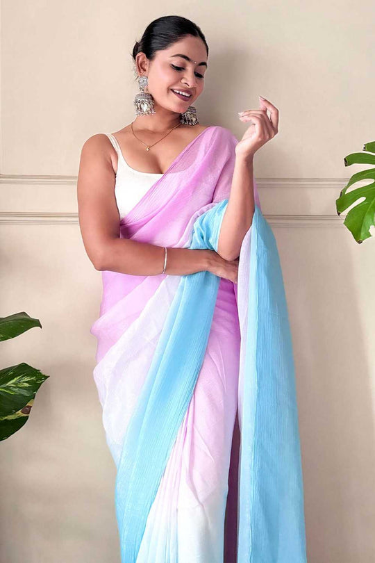 Raina Pink & Turquoise Chiffon Solid Ombre Ready to Wear One Minute Saree