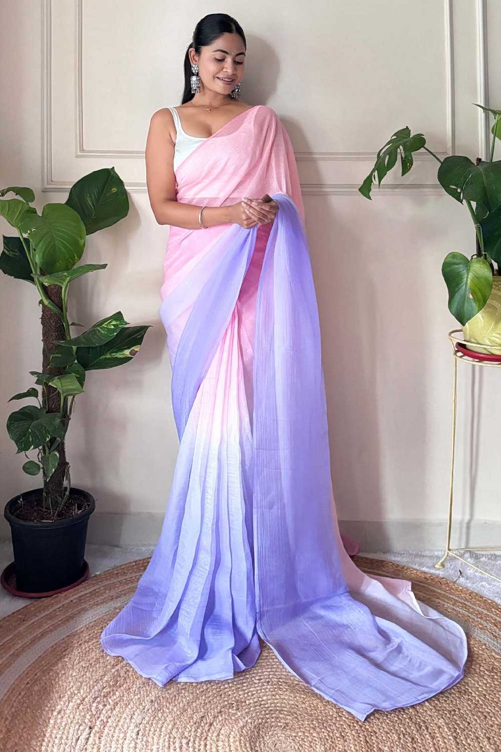 Raina Pink & Lavender Chiffon Solid Ombre Ready to Wear One Minute Saree