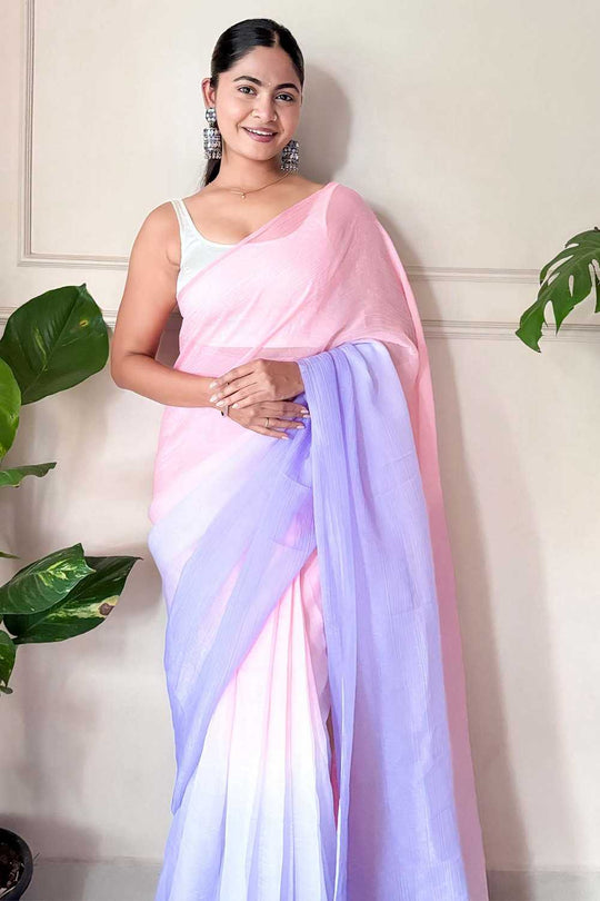 Raina Pink & Lavender Chiffon Solid Ombre Ready to Wear One Minute Saree