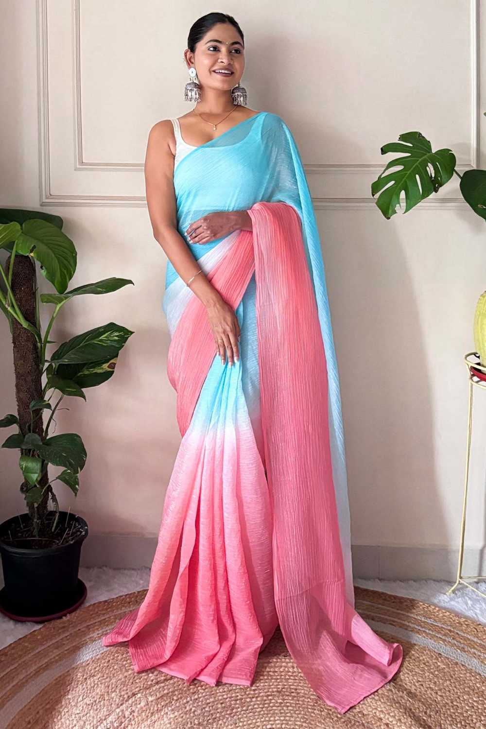 Raina Light Blue & Pink Chiffon Solid Ombre Ready to Wear One Minute Saree