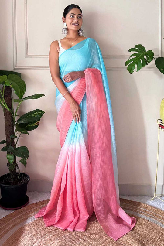 Raina Light Blue & Pink Chiffon Solid Ombre Ready to Wear One Minute Saree