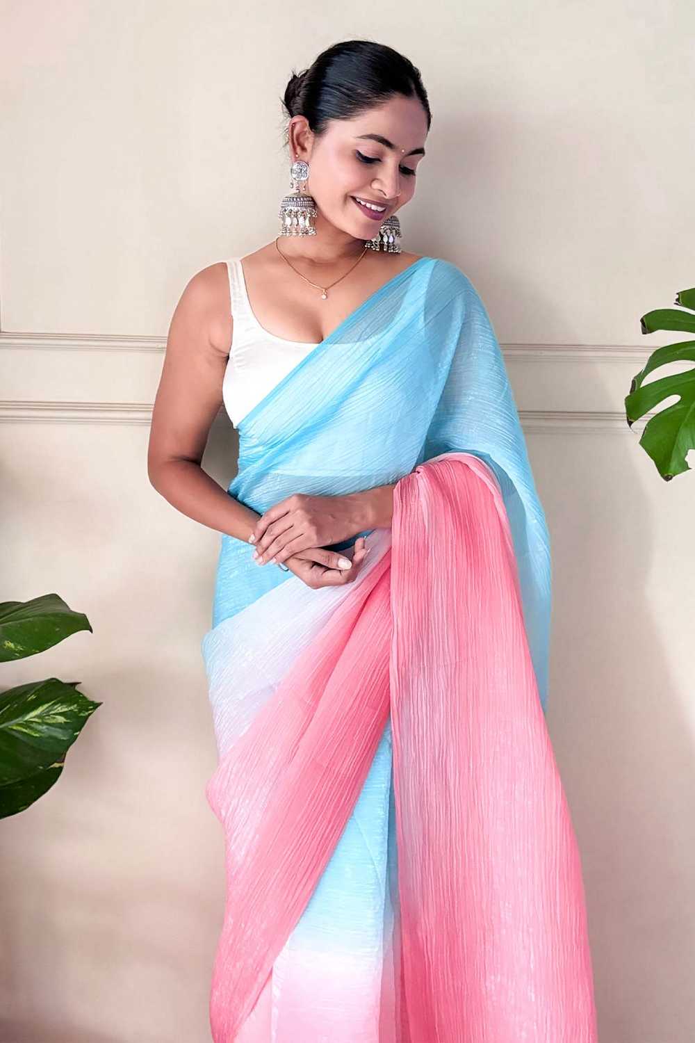Raina Light Blue & Pink Chiffon Solid Ombre Ready to Wear One Minute Saree