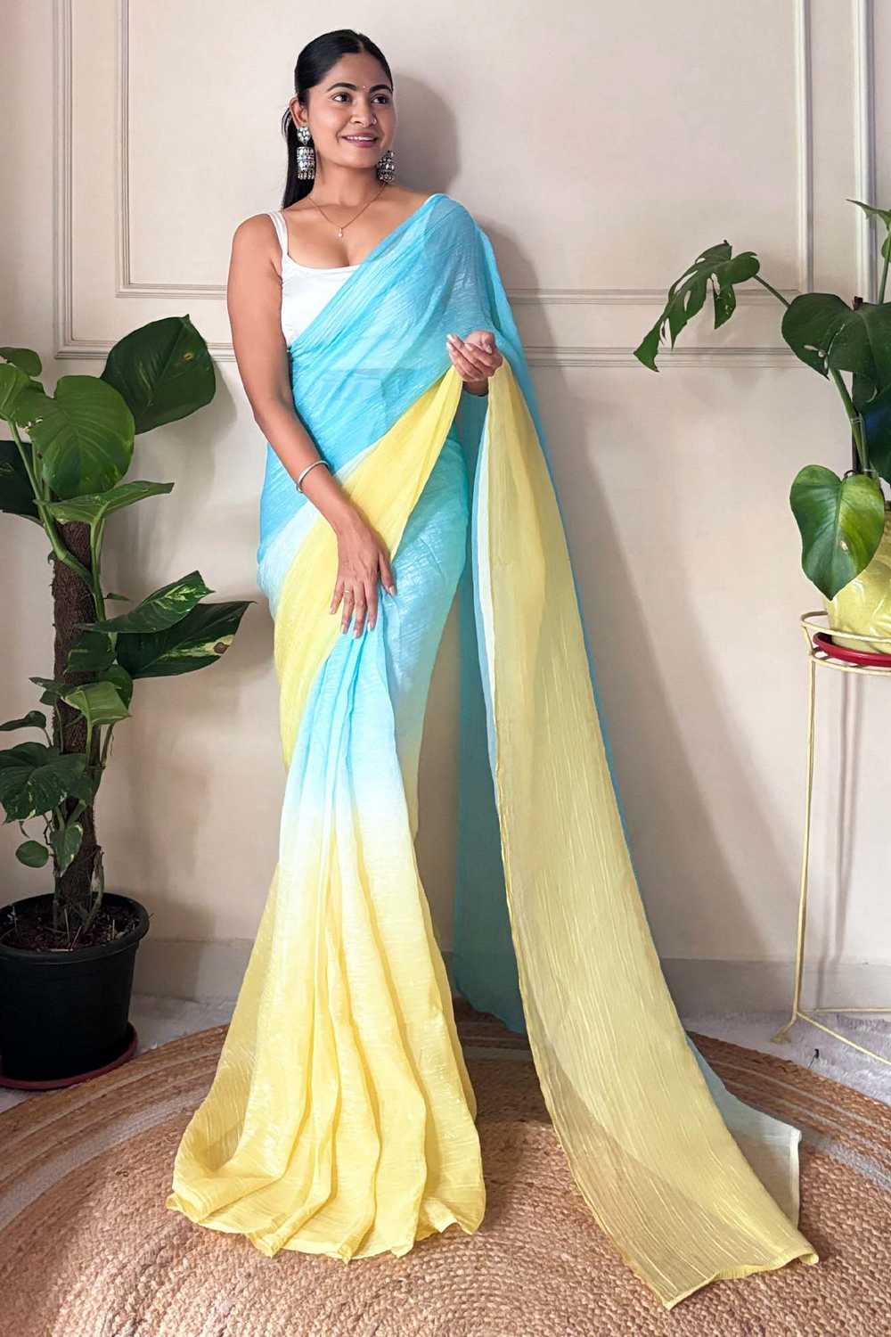 Yellow & Blue Chiffon Solid Ombre One Minute Saree - Ready to Wear