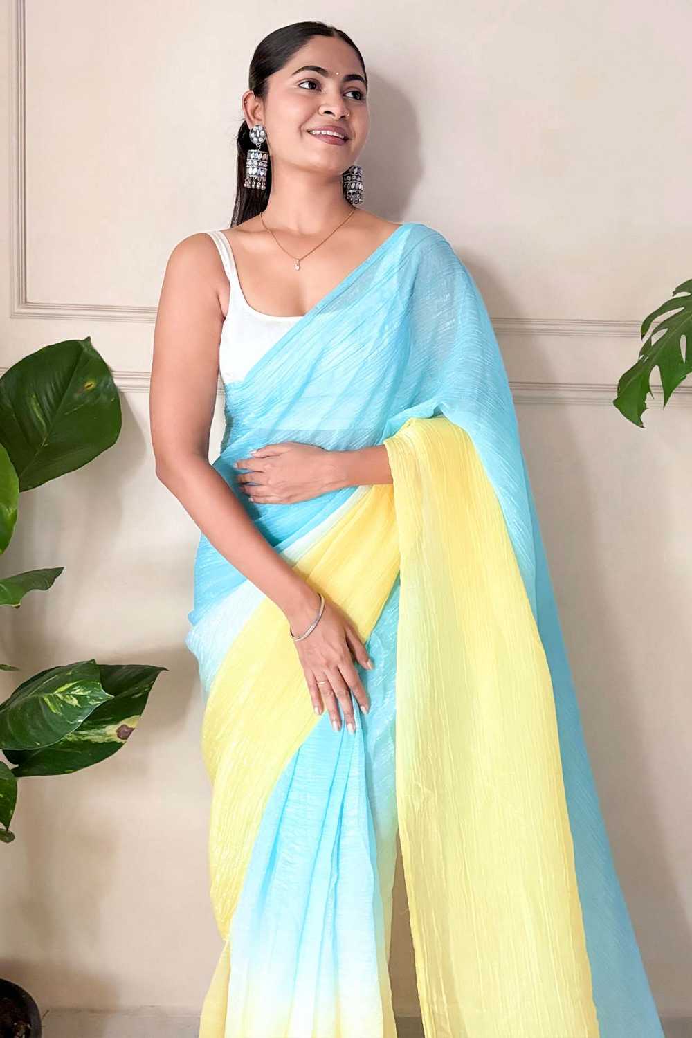 Yellow & Blue Chiffon Solid Ombre One Minute Saree - Ready to Wear