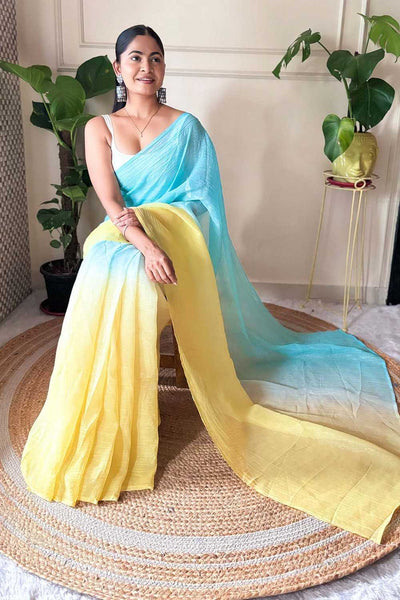 Raina Yellow & Blue Chiffon Solid Ombre Ready to Wear One Minute Saree