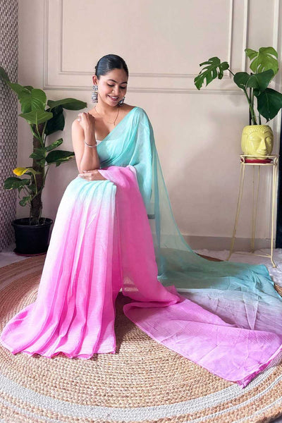 Raina Light Blue & Pink Chiffon Solid Ombre Ready to Wear One Minute Saree