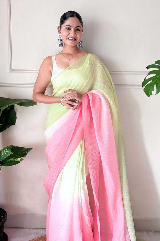Raina Light Green & Pink Chiffon Solid Ombre Ready to Wear One Minute Saree