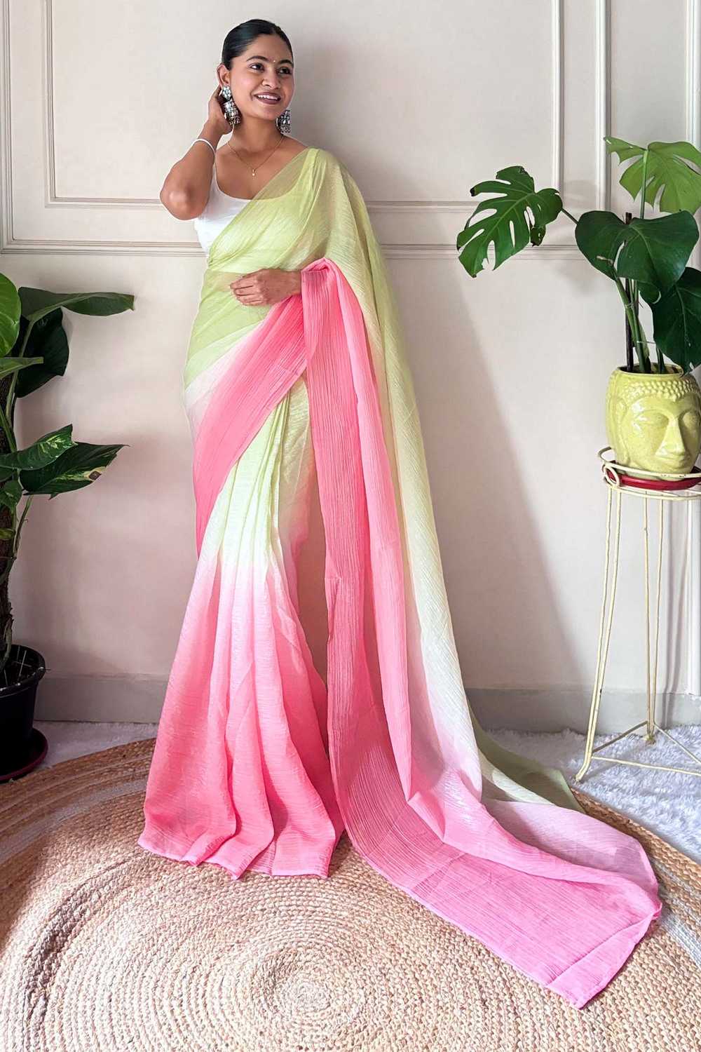 Light Green Chiffon Solid Ombre One Minute Saree - Ready to Wear