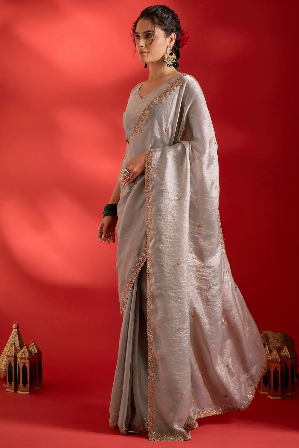 Sai Beige Paper Silk Floral Embroidered Ready To Wear Saree