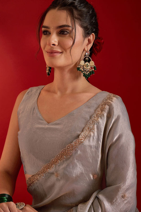 Sai Beige Paper Silk Floral Embroidered Ready To Wear Saree