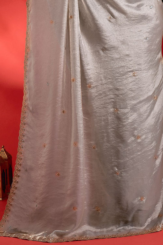 Sai Beige Paper Silk Floral Embroidered Ready To Wear Saree